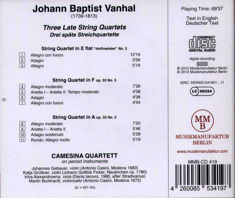 Johann Baptist Vanhal String Quartets - Back Cover