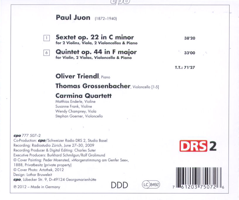 Paul Juon: Piano Quintet; Piano Sextet - Back Cover
