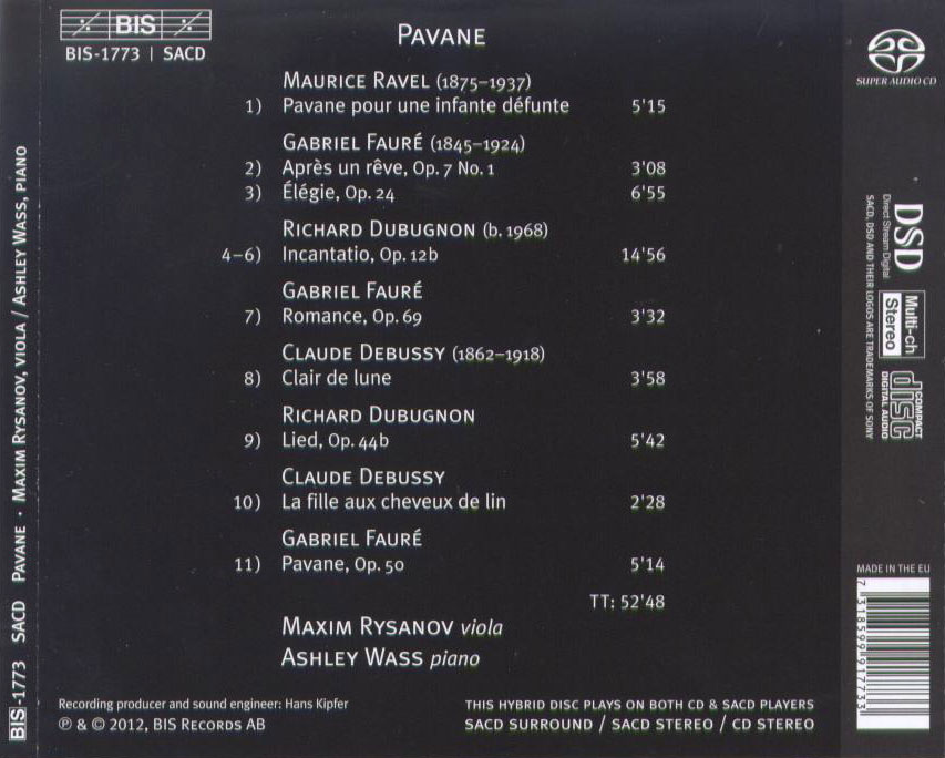 Pavane - arrangements of music by Ravel, Fauré, Debussy, Dubugnon / Maxim Rysanov, viola; Ashley Wass, piano - Back Cover
