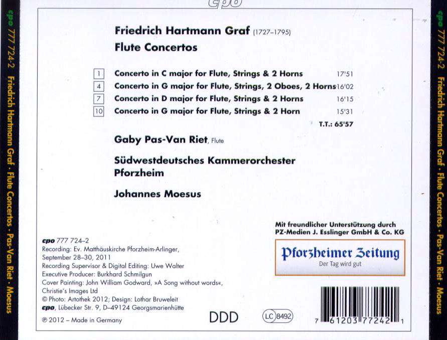 Friedrich Hartmann Graf: Flute Concertos (4) / Gaby Pas-Van-Riet, flute - Back Cover