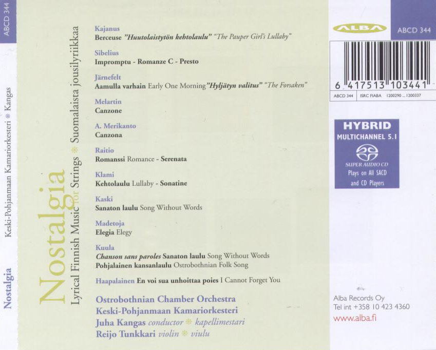 Nostalgia: Lyrical Finnish Music for Strings by Kajanus, Sibelius, Merikanto, Raito, Klami, Madetoja - Back Cover