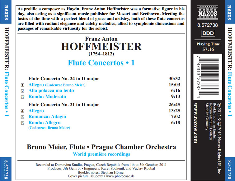 Hoffmeister: Flute Concertos Nos. 21 and 24 / Bruno Meier, flute; Prague CO - Back Cover