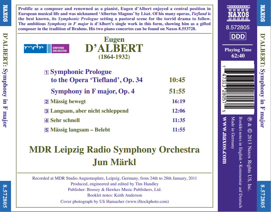 Eugen D'Albert: Prologue to 'Tiefland', Op. 34; Symphony in F, Op. 4 / Jun Markl - Back Cover