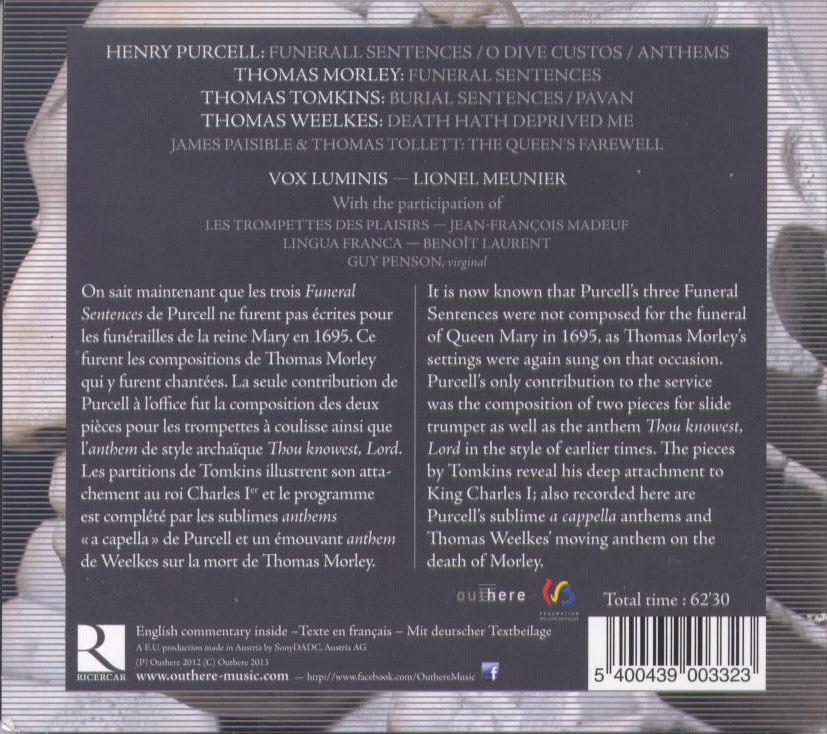 English Royal Funeral Music: Purcell, Morley, Tomkins / Vox Luminis - Back Cover