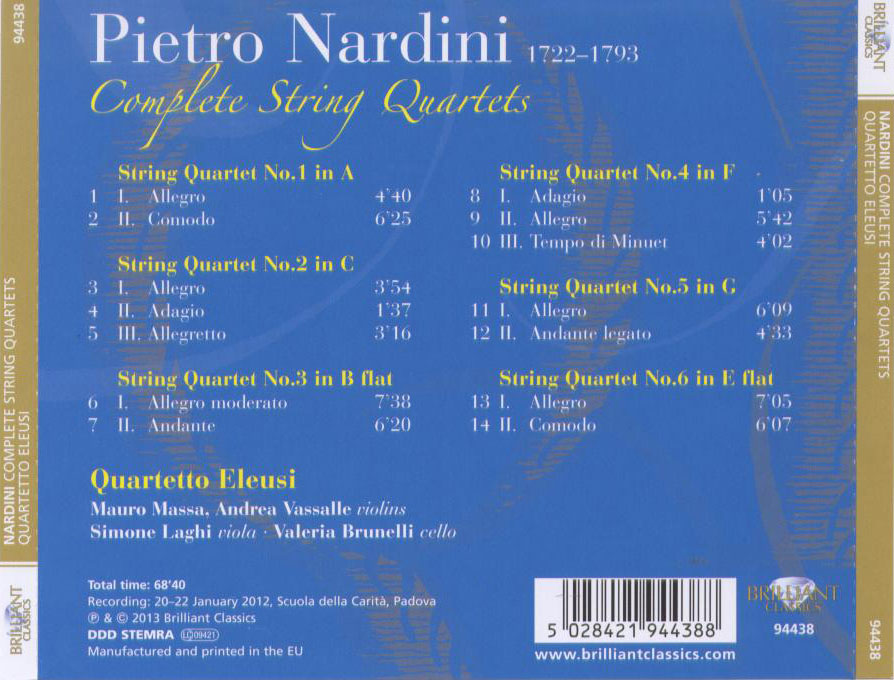 Pietro Nardini (1722-1793) : Complete String Quartets (6) / Quarteto Eleusi - Back Cover