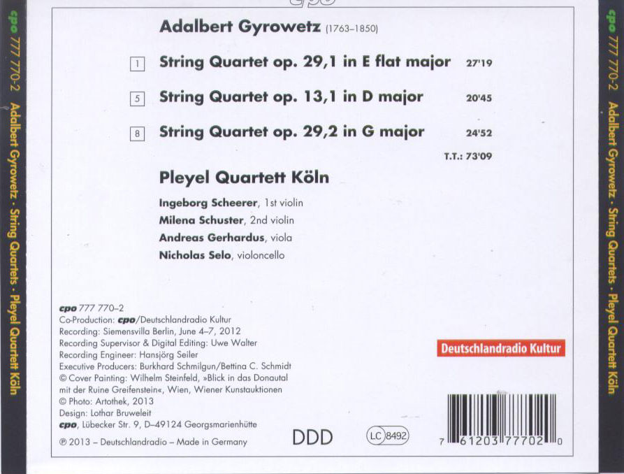 Adalbert Gyrowetz (1763-1850): 3 String Quartets / Pleyel Quartet Koln - Back Cover