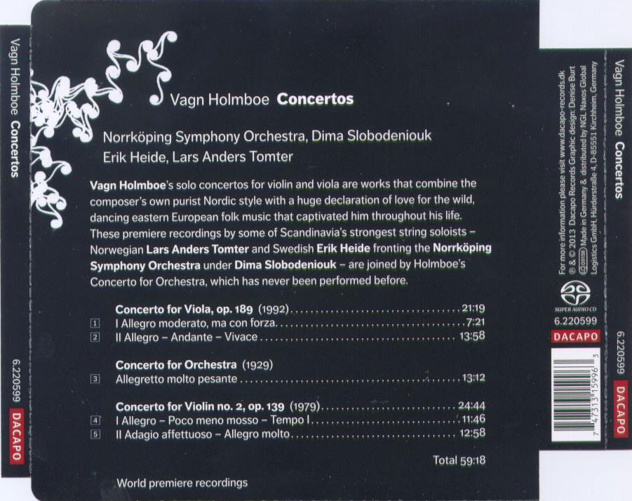 Vagn Holmboe: Concerto for Violin; Concerto for Viola; Concerto for Orchestra / Erik Heide; Lars Anders Tomter - Back Cover