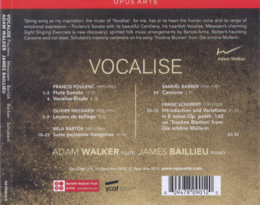 Vocalise - Music for flute & piano by Schubert, Poulenc, Barber, Bartok, Messiaen, Poulenc / Adam Walker, flute; James Baillieu, piano - Back Cover