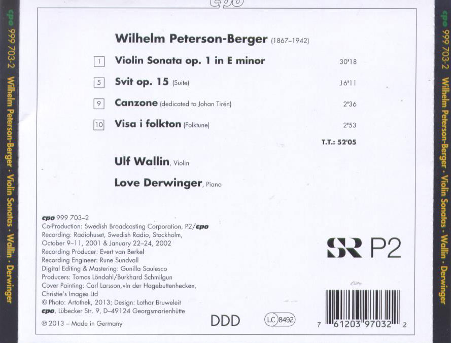 Wilhelm Peterson-Berger: Violin Sonatas / Ulf Wallin, violin; Love Derwinger, piano - Back Cover