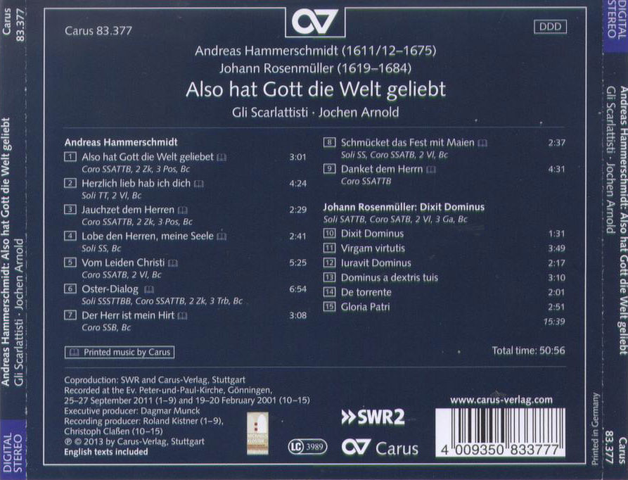 Andreas Hammerschmidt: Vocal works for Passiontide and Easter; Johann Rosenmuller: Dixit Dominus / Gli Scarlattisti - Back Cover