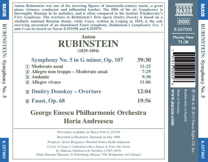 Anton Rubinstein: Symphony No. 5; Dmitry Donskoy, overture; Faust, Op. 68 / Horia Andreescu, George Enescu PO - Back Cover