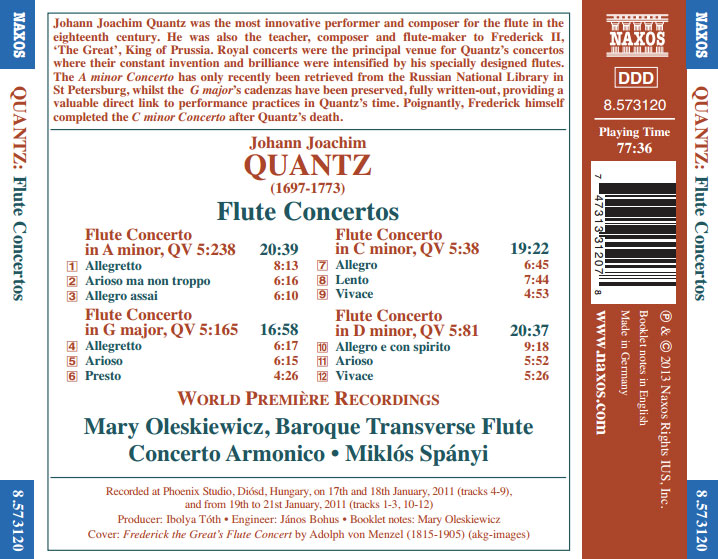 Johann Joachim Quantz: 4 Flute Concertos / Mary Oleskiewicz, baroque transverse flute - Back Cover
