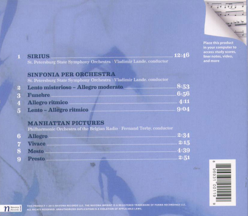 Jan Van Der Roost: Sirius, overture; Sinfonia per Orchestra; Manhattan Pictures / Lande; Terby - Back Cover