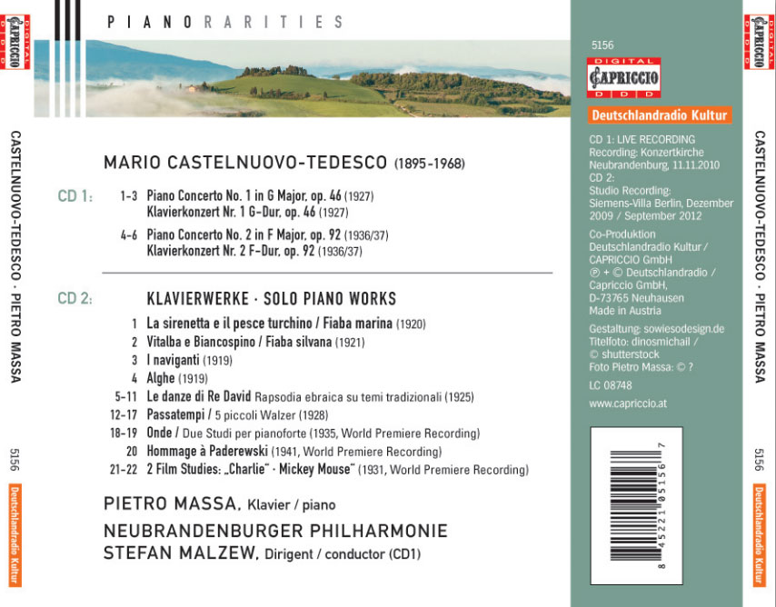Mario Castelnuovo-Tedesco: Piano Concertos Nos. 1 & 2; Solo Piano Works / Pietro Mass, piano - Back Cover