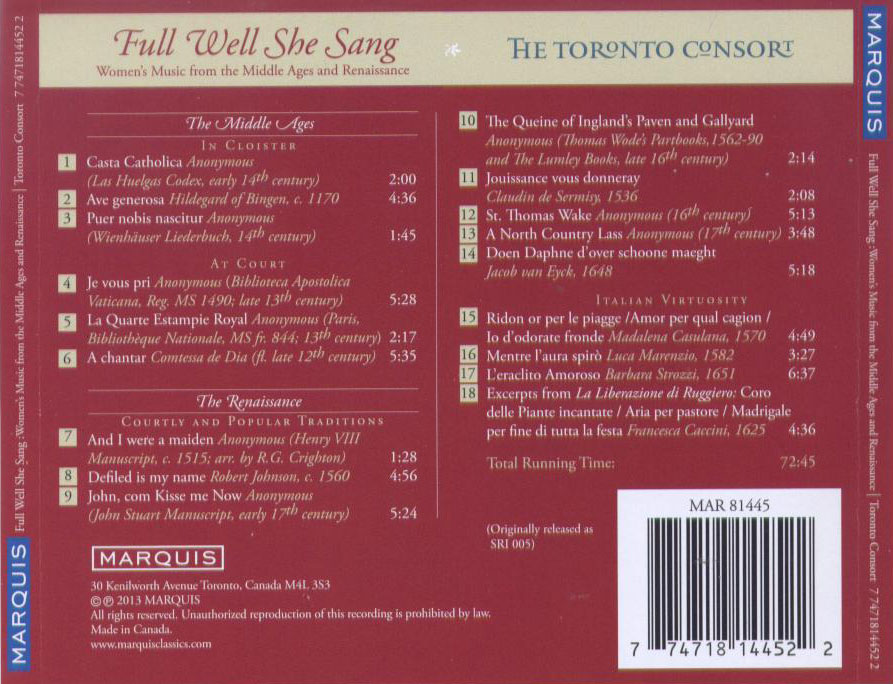 Full Well She Sang, women's music from the Middle Ages & Renaissance / The Toronto Consort - Back Cover
