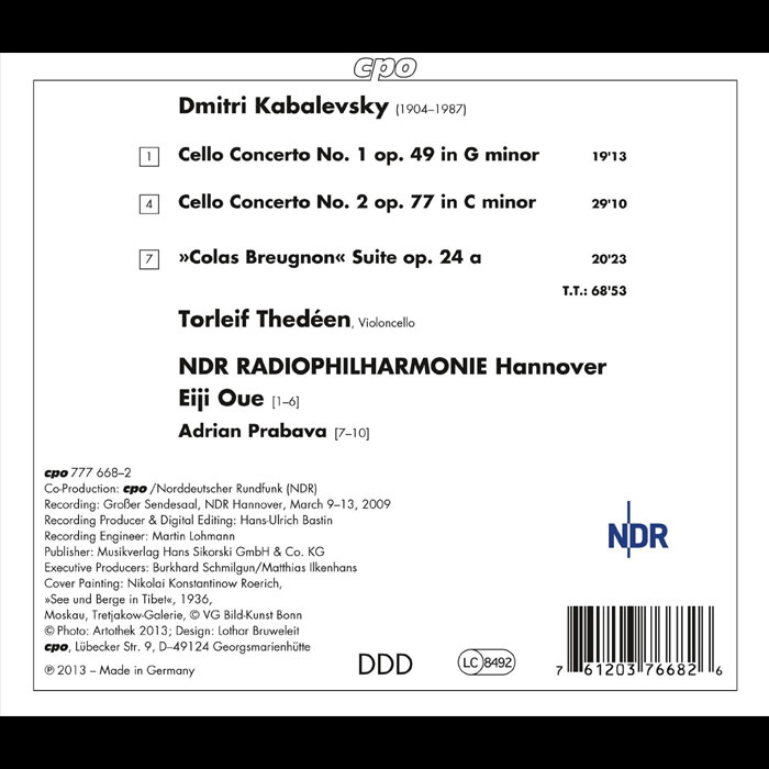 Dmitri Kabalevsky: Cello Concertos 1 & 2; Colas Breugnon Suite / Torleif Thedéen, cello - back cover