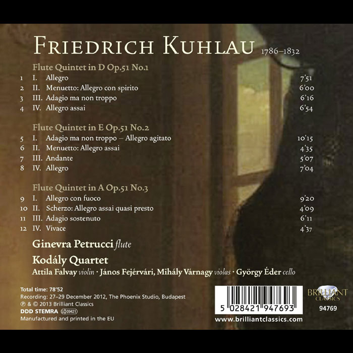 Kuhlau (1786-1832): Flute Quintets / Ginevra Petrucci, flute; Kodaly Quartet - Back Cover