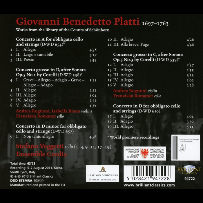 Giovanni Benedetto Platti (1697-1763): Cello Concertos / Stefano Veggetti, cello - Back Cover