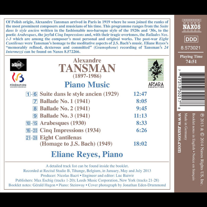 Alexandre Tansman (1897-1986): Ballades 1-3; Arabesques; Cantilenas (8); Impressions (5) et al. / Eliane Reyes, piano music - back cover