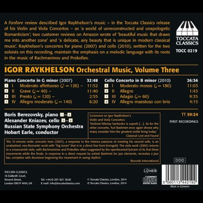 Igor Raykhelson (b.1961): Orchestral Music, Vol. 3 - Piano Concerto in G minor; Cello Concerto in B minor / Boris Berezovsky, piano; Alexander Kniazev, cello - back cover - track listing
