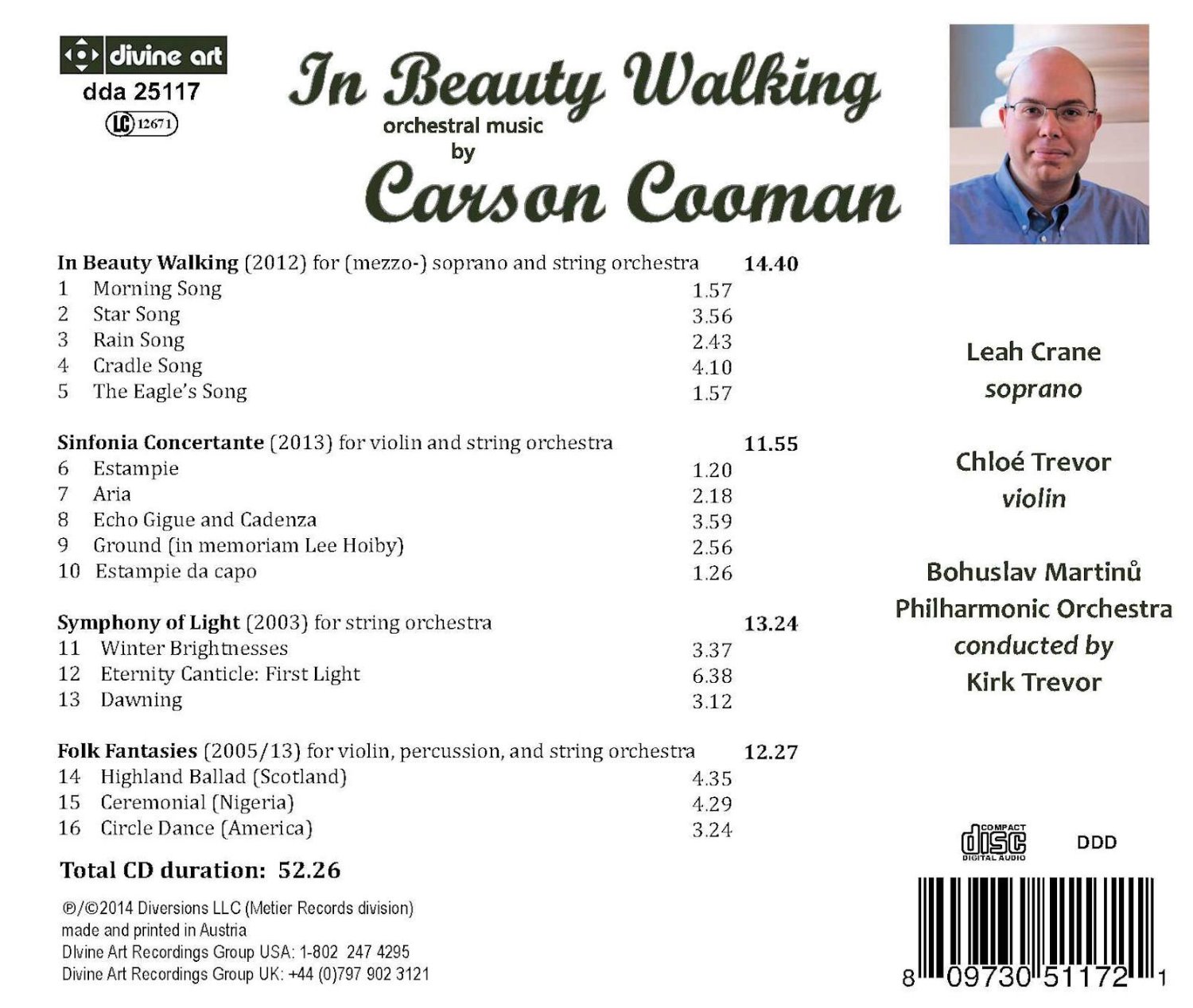 Orchestral music by Carson Cooman (b.1982): 'In Beauty Walking' / Leah Crane, soprano; Chloé Trevor, violin back cover