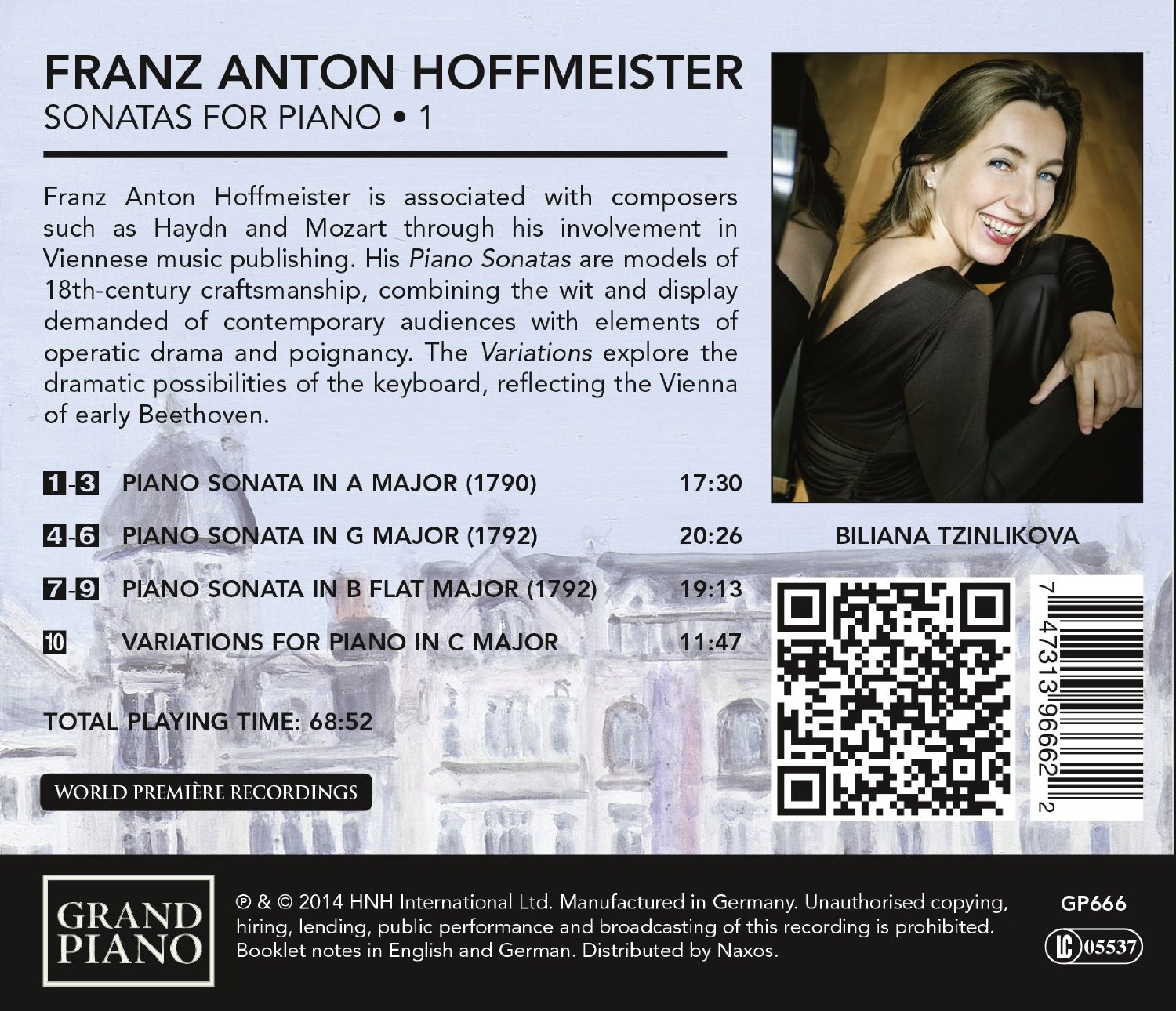 Franz Anton Hoffmeister (1754-1812): Sonatas for piano, Vol. 1 / Biliana Tzinlikova, piano back cover