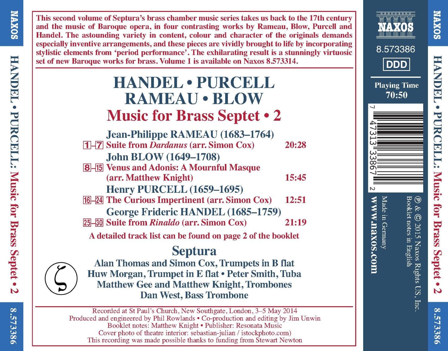 Music for Brass Septet, Vol. 2 - Instrumental suites from operas by Rameau, Blow, Purcell & Handel / Septura back cover