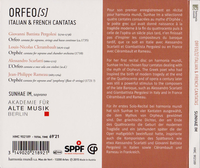 Orfeo(s) - Italian & French Cantatas by Pergolesi, Scarlatti, Clerambault & Rameau / Sunhae Im, soprano; Berlin Early Music Academy back cover