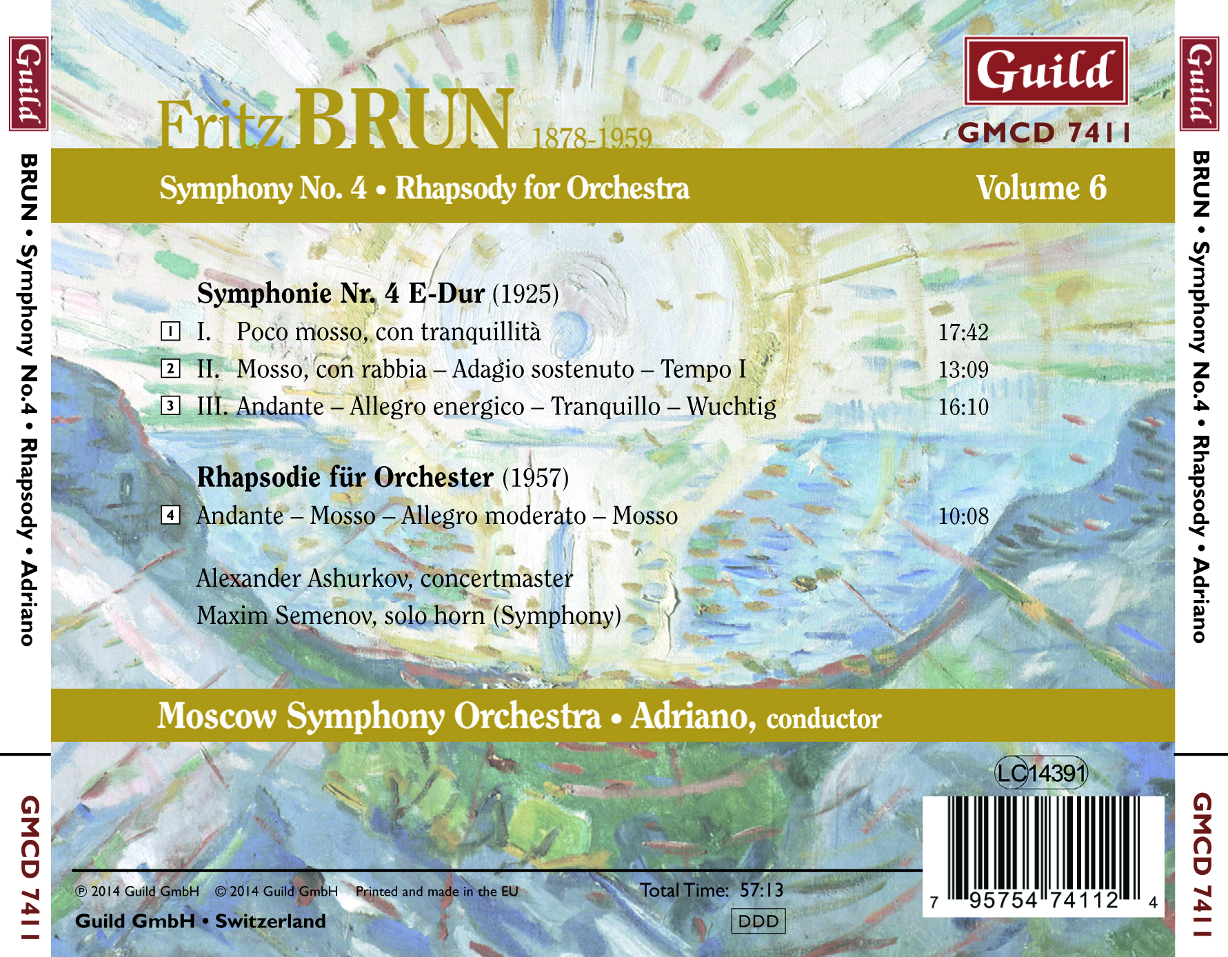 Fritz Brun: Symphony No. 4; Rhapsody for Orchestra Moscow Symphony Orchestra; Adriano, conductor back cover
