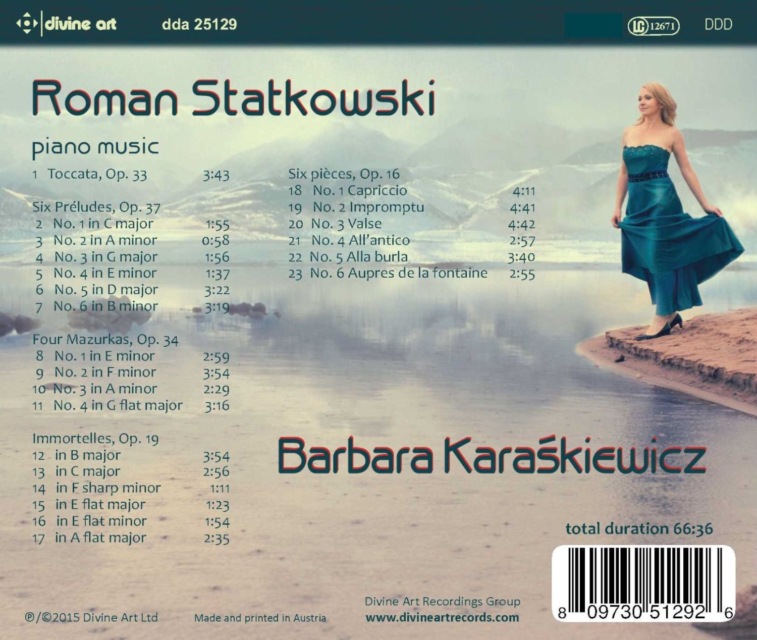 Roman Statkowski (1859-1925): Toccata, Op. 33; Preludes (6), Op. 37; Mazurkas (4), Op. 24; Immortelles (6), Op. 19; Pieces (6), Op. 16 / Barbara Karaskiewicz, piano back cover