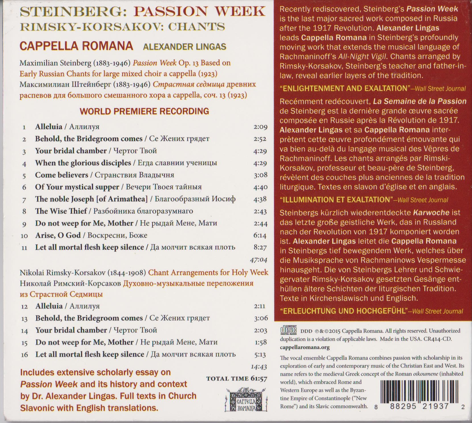 Maximilian Steinberg (1883-1946): Passion Week, Op. 13; Rimsky-Korsakov: Chants for Holy Week / Cappella Romana; Lingas back cover
